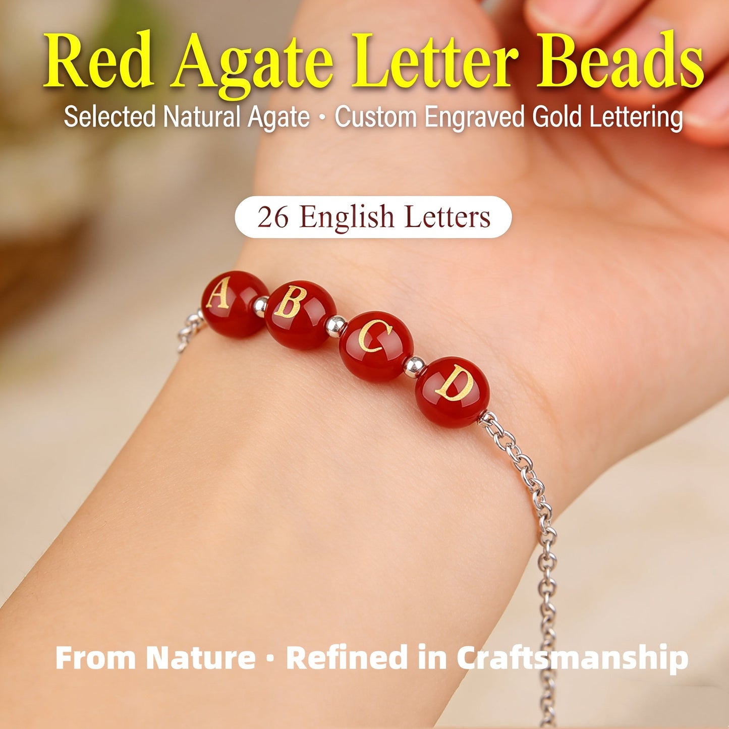 Natural Red Agate Beads - 26 Alphabet Loose Beads for Engraving Customization DIY